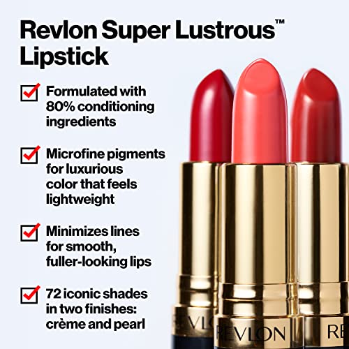 Revlon Lipstick Super Lustrous, Lipcolor de alto impacto com fórmula cremosa hidratante, infundida com vitamina E e óleo de abacate