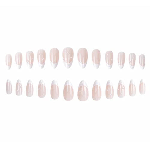 Branco francês Diamond Drop Drop Pérola Pérola Almond unhas em unhas falsas, manicure artificial de dedos, unhas falsas reutilizáveis ​​Pressione as unhas Decoração de manicure de arte para mulheres e meninas 24pcs