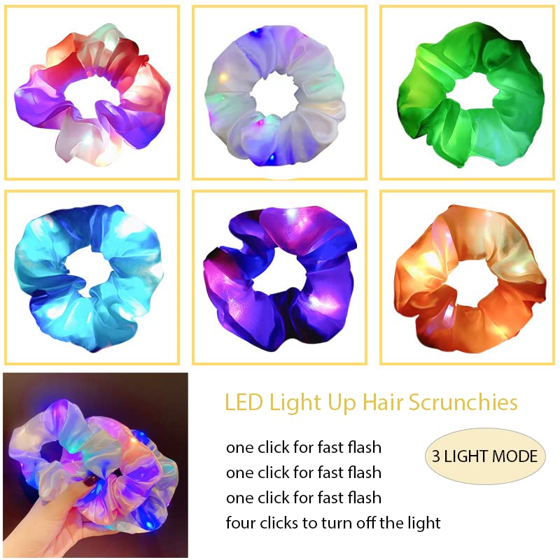 Scrunchies LED, 6 PCs Light Up Scrunchies Elastic Glow Bands Hair Scrunchies Acessórios de neon com 3 modos leves para