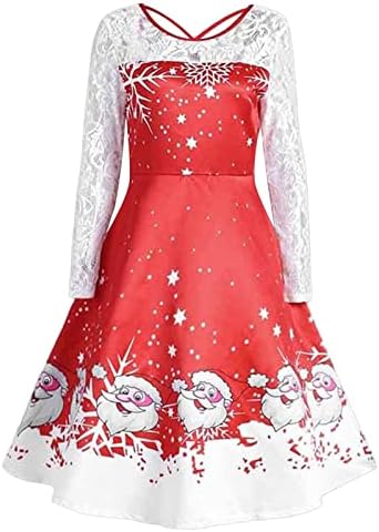 Vestido gráfico do Papai Noel para mulheres vintage de renda floral de renda longa dos anos 50 Dress Rockabilly Swing Party Party Dress