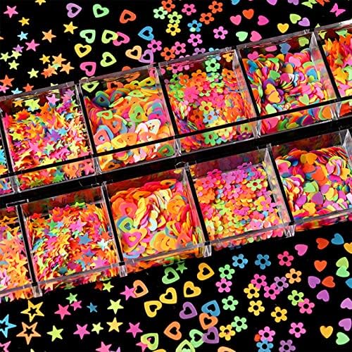 npkgvia 12 acessórios de unhas em caixa colorida lantejoulas fluorescentes borboletas starslove cor misturada adequada para salões de unhas de bastidores de bastidores de unhas