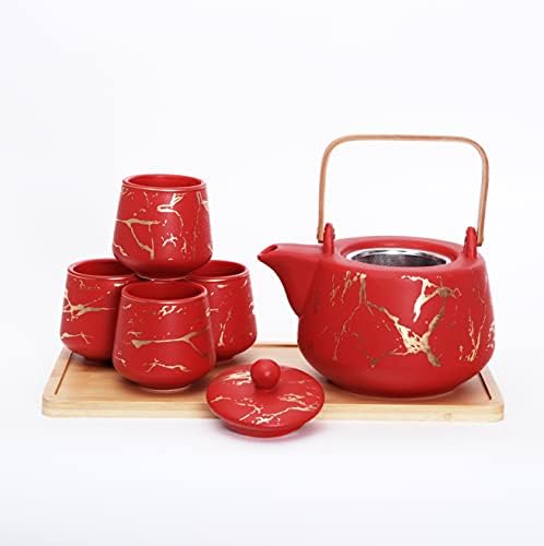 Coleção Hinomaru Estilo moderno Design de mármore Conjunto de chá de porcelana 42 fl oz bule com alça e 4 xícaras