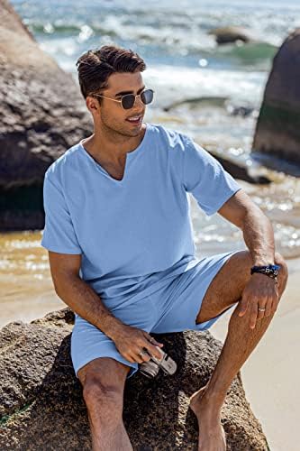 Coofandy masculino de linho de algodão de 2 peças de algodão Henley Manga curta e shorts de praia casual Roupas de