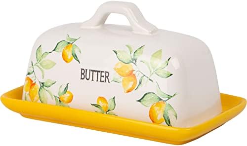 Mosjos Manteiga de manteiga com tampa para bancada - Suporte de manteiga de grés amarelo para geladeira, cozinha e jardim