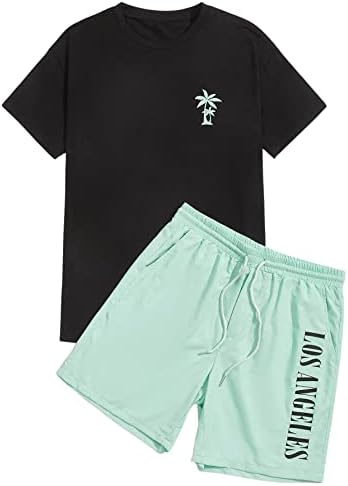 FLOERNS Men's 2 Piece Roupet Graphic Print Tee Shirt Shorts Shorts Definir preto e verde L