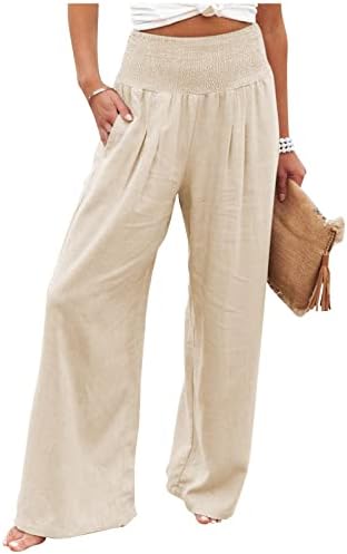 Calças de linho Zefotim para mulheres de perna larga com cintura larga Fit Palazzo calça casual Praia Trenda Trendy