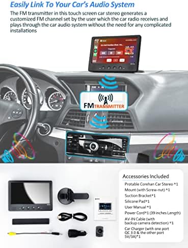 Estéreo portátil de carro Bluetooth - Corehan 7 IPS Touch Screen Multimedia Player Compatível com Apple Wireless Carplay e Android Auto Bluetooth Mirror Link FM Controle de voz do transmissor