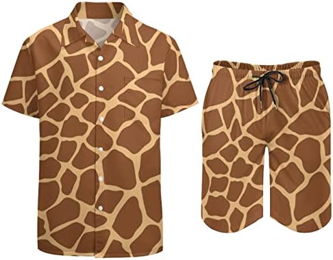 Weedkeycat Animal Giraffe Men's Beach Roupfits 2 peças Button Hawaiian Down Camise