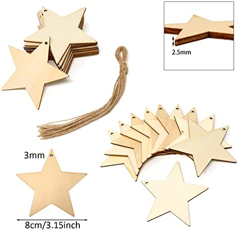 Yueton 30pcs 8cm/3,15 polegadas Estrela de madeira Ornamentos pendurados Ornamentos inacabados em branco Pedaços de madeira fatias