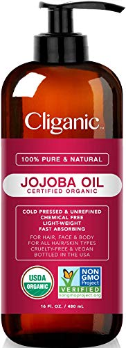 Óleo de Jojoba Organic CLIGANIC USDA 16oz com bomba, puro | Óleo a granel, hidratante para rosto, cabelo, pele e unhas