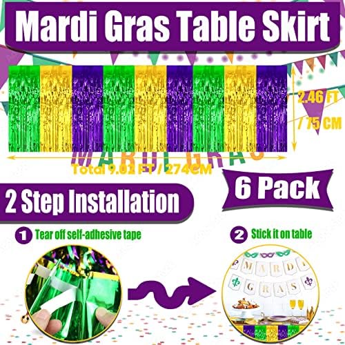 Pacote de 6 pacote 29x108 polegadas Mardi Gras Metálica Fringa Tinsel Saias de mesa para mesas de retângulo As cortinas de streléias de pano de fundo para casamento, aniversário, carros alegóricos de desfile, decoração de festa de carnaval Green Green Purple