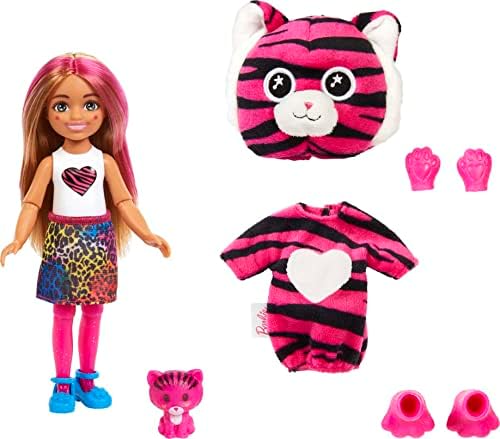 Barbie Cutie Reveal Chelsea Small Doll, Série Jungle Tiger Plush traje, 7 surpresas, incluindo Mini Pet & Color Change