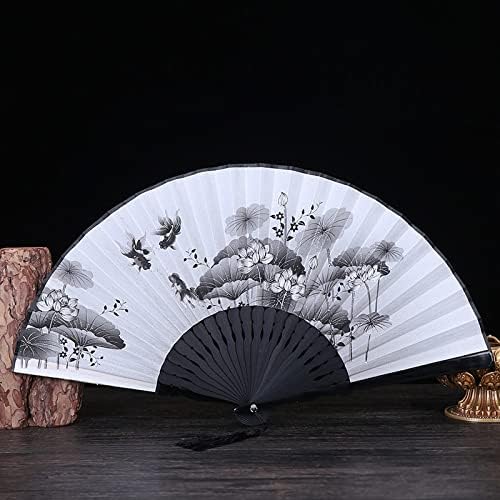 Ventilador dobrável portátil - estilo chinês lagoa carpa lótus padrão borla de tassel fã de mão de mão, fã dobrável