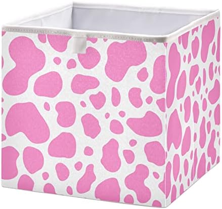 Xigua Pink Cow Print Cube Bins Organizador - 11x11x11 polegadas Cestas de armazenamento de tecido dobrável com alças duplas para as