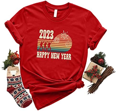 Mulheres t camisetas femininas 2023 t camisetas de mangas curtas pescoço redondo o ano novo tops casuais spandex de poliéster