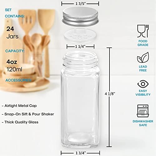 Aozita 24 PCs Glass de especiarias de vidro com rótulos de especiarias impressas brancas - garrafas de especiarias quadradas vazias de 4 oz - tampas agitadoras e tampas de metal hermético - funil dobrável de silicone