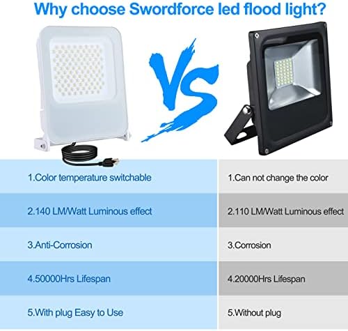 Swordforce LED Light Light Outdoor, 100w 2 pacote 3ccc selecionável 3000K/4000K/6500K Light Light Lights Lights Plug in Flood
