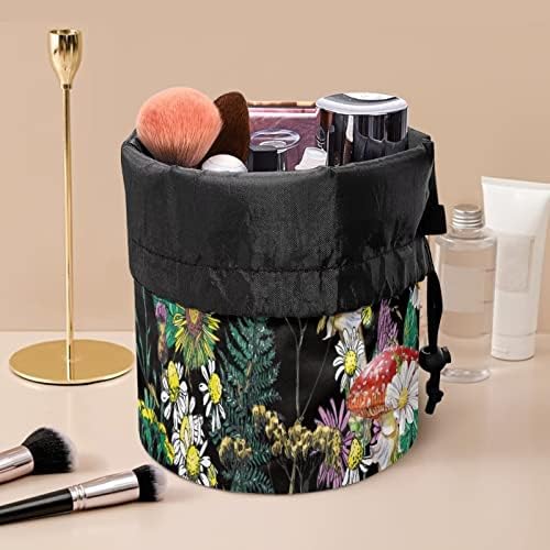 Sacos de cosméticos de cordão preto coeqine, organizador de maquiagem preto reistente à sujeira com bolso de malha e 3 faixas esticadas para consertar o trabalho de viagem sacolas portáteis de higieness com padrão de flores