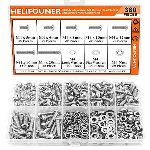 Helifouner 380 peças m4 x 5mm /6mm /8mm /10mm /12mm /16mm /20mm, parafusos de tampa da tampa da cabeça do botão Kit de parafusos de parafusos de porcas, 304 aço inoxidável