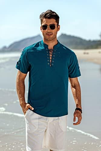 Coofandy Mens Beach Camisa de manga curta Lace Up Hippie Tam camisa V Camisa pirata de pescoço