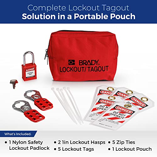 Kit de etiqueta de bloqueio elétrico de Brady com hasps, tags de loto, 1 cadeado de segurança vermelha | Kit de etiqueta de bloqueio elétrico - 153668