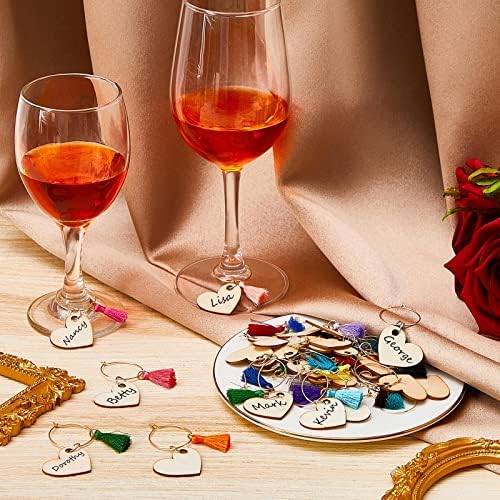 Kit de encantos de vidro de vinho, incluindo colorido, marcadores de charme de bebida marcadores de charme de madeira em forma de coração charme prateado de vidro de vinho de ouro com marcador de bolsa preta para copos de caule para festas casamentos
