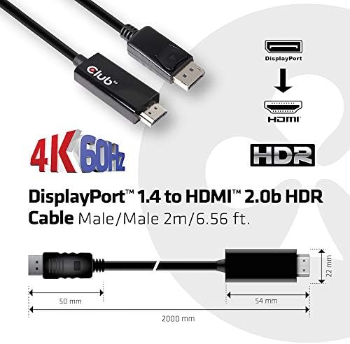 CLUB 3D CAC-1082 DisplayPort 1.4 para HDMI 2.0B Cabo HDR, masculino-masculino 2 metros/6,56 pés