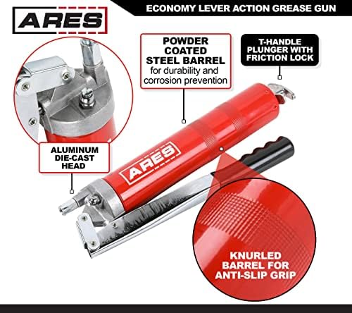 ARES 53012 - Ação da alavanca Grease Gun - 400cc Classificação a granel e 14 onças - 4500 psi Classificação de pressão de trabalho - Mangueira flexível de 18 polegadas e extensão de deslocamento de 6 polegadas