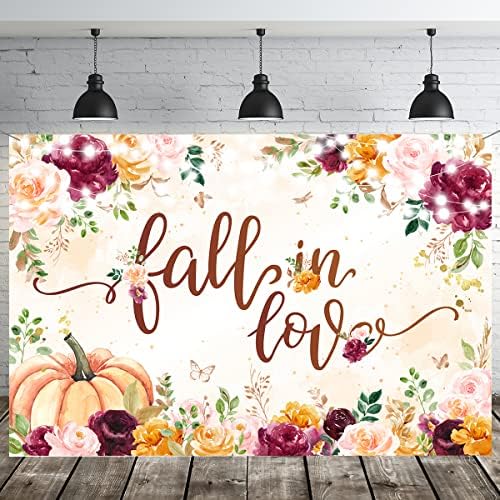 Decorações de chuveiro de noiva de outono - Fall in Love Background Pink Floral Fall Shower Photography Adequado para casais Decorações de festas de noivado de aniversário - 5 × 3ft