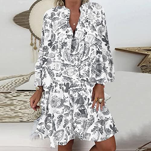 Vestido floral de tamanho grande para mulheres botão de manga longa vestidos de babados impressos vestido de férias confortável para o verão