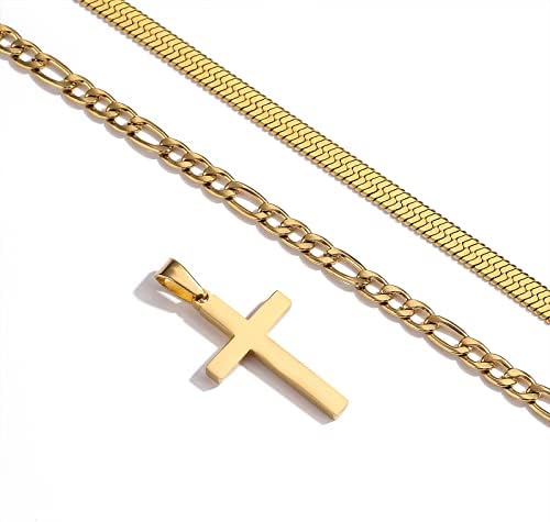 Chapa de colar cruzada em camadas Ascona para homens meninos ， Camada de prata/ouro aço inoxidável Figaro Herringbone Chain Cruzes