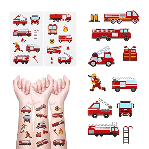 24 lençóis Tatuagens temporárias de caminhão de bombeiros, decorações de aniversário favores de bombeiros de bombeiros de bombeiros