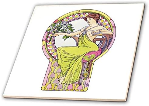 3drose Art Nouveau MUMA Aquarela de mulher sentada com lírios - azulejo de cerâmica, 4 polegadas