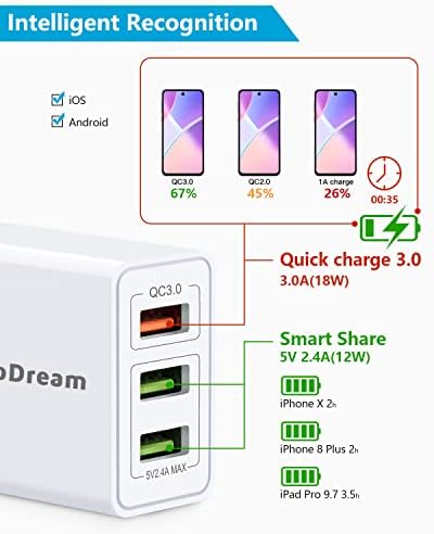 2 Pacote USB Carrego Quick Charge 3.0 Carregador de parede 30W, Adaptador de plugue de carregador de parede USB de sonho profundo,