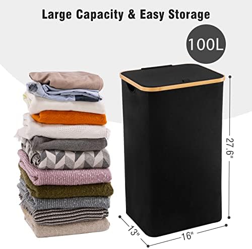 100l Cesta de lavanderia grande com tampa de Techmilly, cesto de roupa alta com alças de bambu para armazenamento de roupas e brinquedos,