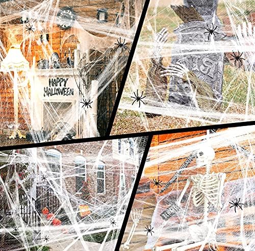 Halloween Decoração de teias de aranha esticada - truque de sinal de sinalização ou banner de sinal de alpendre 71x12.5 'decoração suspensa - 50 pcs aranhas falsas 1000 m²