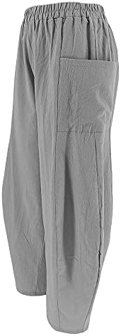 Calças casuais de linho de verão para mulheres calças de perna lisas soltas com cintura alta de cintura com bolsos