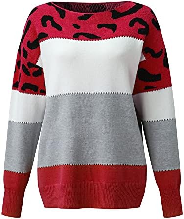 Tampas de suéter de pescoço da tripulação para mulheres bloqueando o leopardo imprimido Blusa solta O-pescoço Ocha de malha