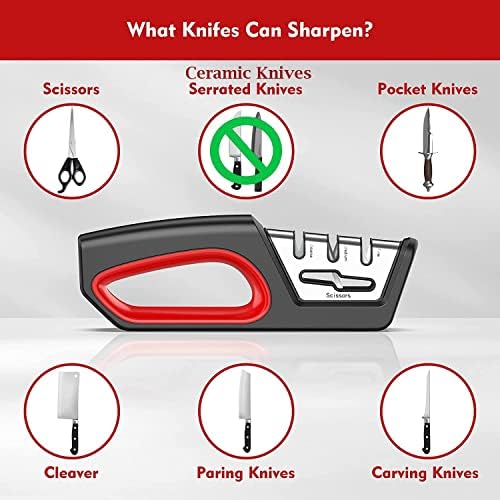 Apontador de facas, apontador de lâmina 4 slots, 3 etapas para todos os tipos de facas de cozinha, facas externas, facas de bolso e