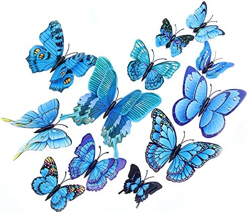 Decoração de borboleta 3d, bopart 24pcs azuis decoração de borboletas azuis adesivos de decalque de borboleta magnética