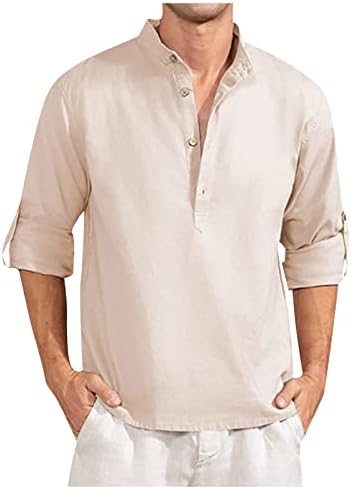 Segaven Men's Spring Autumn Cotton Linen Solid Color Sleeve longa Camisas laminadas soltas Henry Dressy Breathable Tops Breathable