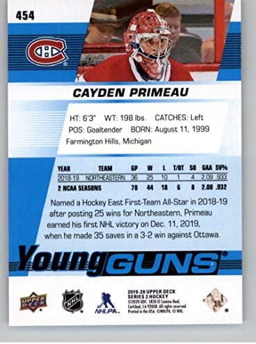 2019-20 Deck superior #454 Cayden Primeau Young Guns RC RC ROOKIE Montreal Canadiens NHL Hockey Trading Card