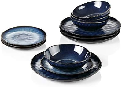Lkyboa Dinner Set Look Vintage Cerâmica azul 12 peças de mesa de mesa conjunto com prato de jantar, prato de sobremesa, tigela