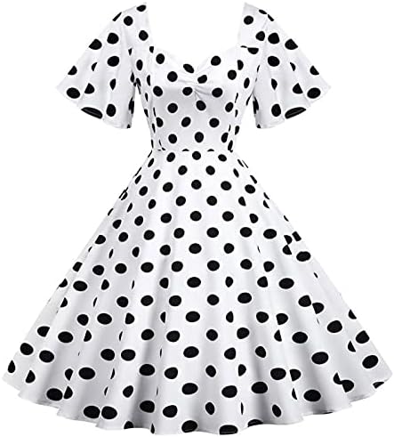 Mulheres vintage da década de 1950, vestido polka dot ruched u pescoço puffy sleeved vestido de mangas curtas A uma linha de cocktail