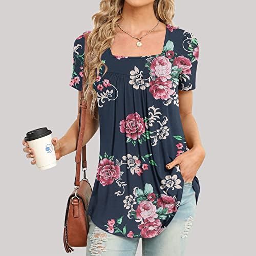 Camiseta de algodão para meninas verão outono 2023 decote curto decote em coração de coração floral Blusa de brunch uw