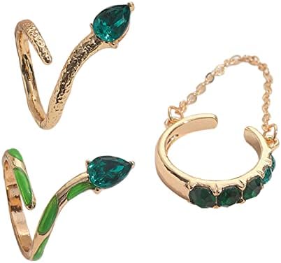 Dia dos Namorados Presente 3 peças Defina pedras verdes com diamantes anel conjunto para mulheres vento incrustado 3 peças anel