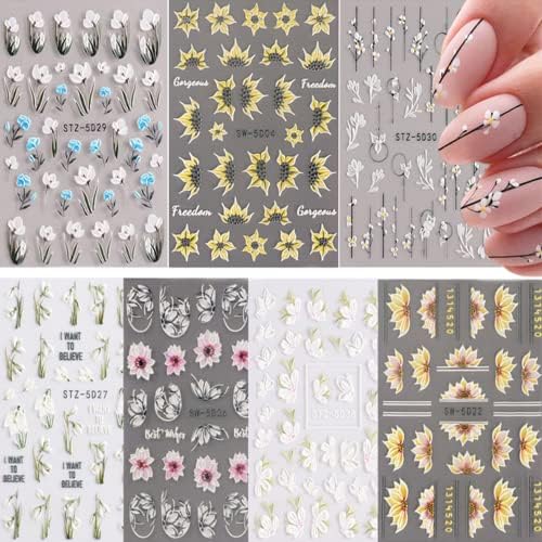 7 lençóis adesivos de arte de flor de flores 5D Flores com relevo adesivos de unhas auto-adesivas Decalques de unhas Acessórios
