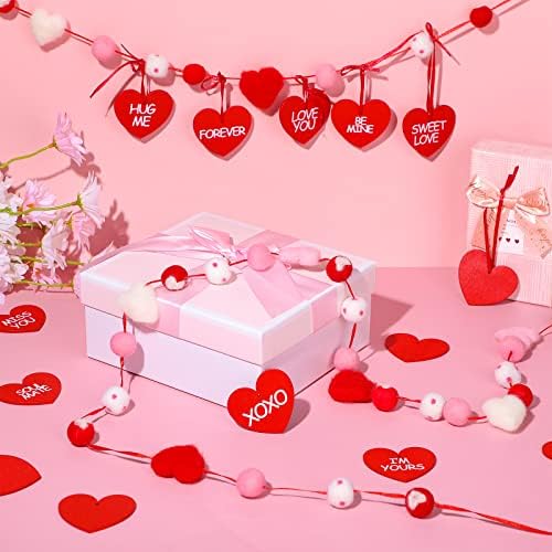 Garland de bola do dia dos namorados de 10 pés, 20 PCs do Dia dos Namorados Ornamentos de Coração de Madeira Valentim Pom Pom Garland