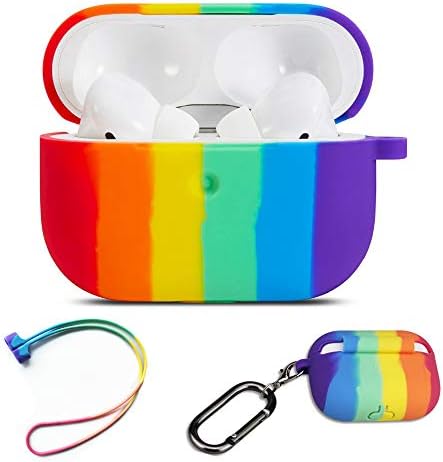 Caso colorido fofo para o AirPods Pro, Rainbow Pattern Soft Silicone Protective Case com Anti Lost Rope para AirPods