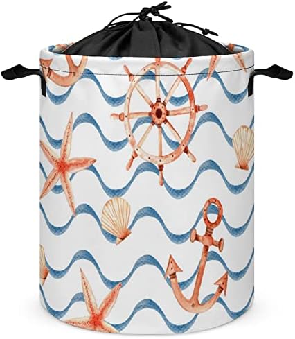 Cestas de lavanderia de cordão personalizado dobrável 42l aquarela âncora de lavanderia com tampa de lina de marinho de marinho